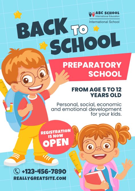 See more templates in my Canva portfolio 👉 https://www.canva.com/p/olegnik/ ⭐️ This design meets the following characteristics: preparatory school registration boy girl announcement admission preparatory school schoolboy back to school Canva Portfolio, Abc School, Its A Girl Announcement, T Shirt Logo, School Posters, Templates Instagram, International School, Emotional Development, My Portfolio