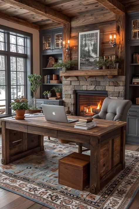 17 Chic Office Decor Ideas That Will Make You Love Working From Home Fireplace Office Ideas, Home Decor Office Ideas, Office With A Fireplace, Country Style Office Ideas, Home Office With Fireplace Ideas, Cozy House Office, Woodsy Office Ideas, Man’s Small Home Office, Farmhouse Study Office