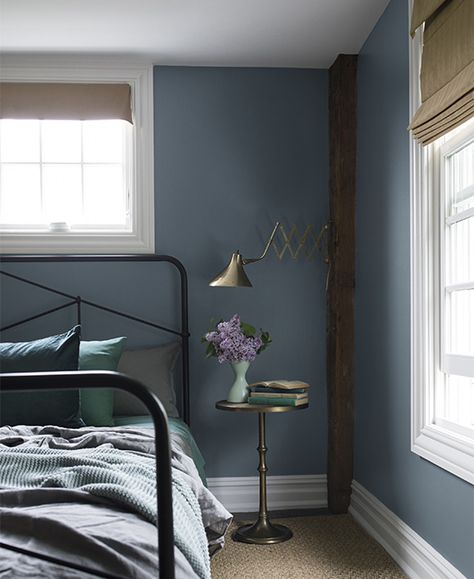 Relaxing Bedroom Colors - Benjamin Moore's Black Pepper 2130-40. Via @benjamin_moore Boys Bedroom Paint Color, Soothing Bedroom Colors, Relaxing Bedroom Colors, Blue Bedroom Paint, Blue Bedroom Colors, Calming Bedroom Colors, Calm Bedroom, Exposed Wood Beams, Boys Bedroom Paint