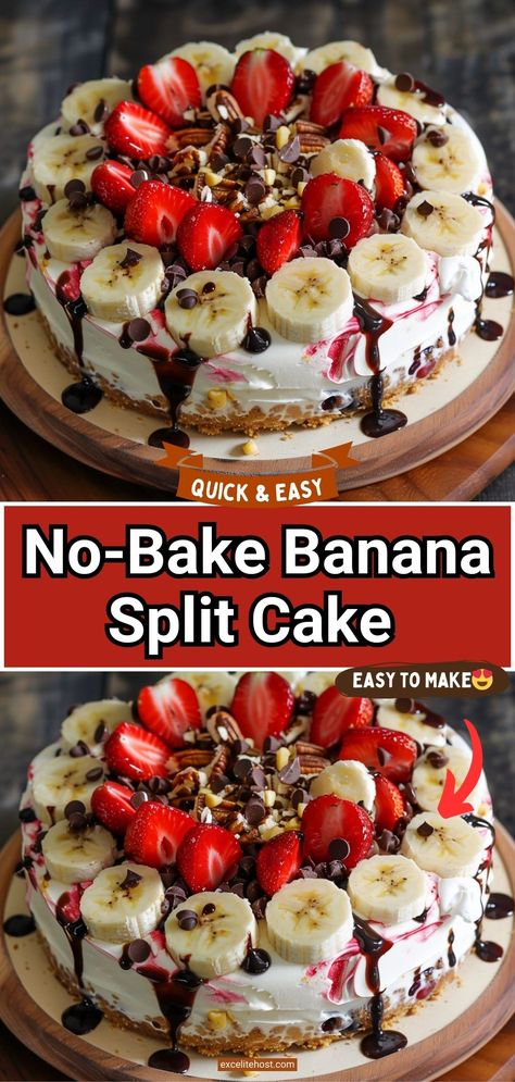 Ingredients: 2 cups graham cracker crumbs 1/2 cup unsalted butter, melted 1 package (8 oz) cream cheese, softened 1/4 cup granulated sugar 2 cups whipped Easy No Bake Banana Split Cake, Heavenly No Bake Banana Split Cheesecake, No Bake Banana Split Cake Recipe, Banana Split Cheesecake Recipes, No Bake Banana Split Cheesecake, Banana Strawberry Cake, No Bake Banana Split Cake, Banana Pudding Cake Recipe, Banana Split Cheesecake