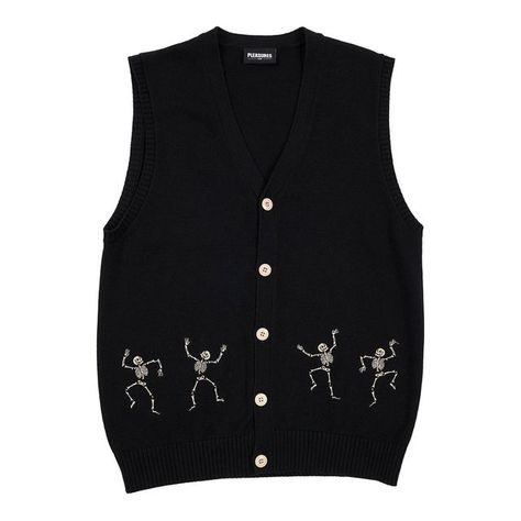 PLEASURES on Instagram: "Dancing skeleton cardigan vest by PLEASURES. #fw22" Skeleton Cardigan, Skeleton Embroidery, Sweater Streetwear, Skeleton Bones, Dancing Skeleton, Punk Grunge, Knitted Vest, Unisex Sweater, Grunge Goth