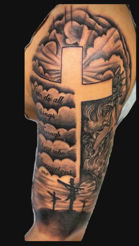 Arm Tats For Guys, Tattoo Designs Men Cross, Left Arm Tattoo Men Half Sleeve, Mercy Tattoo Ideas, Family Tattoos For Men Arm Half Sleeves, Phillipians 4 13 Tattoo Design, God Tattoos Men, Christian Leg Tattoo Men, Upper Arm Tattoo Men Half Sleeves Ideas