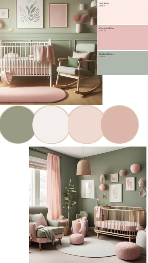 Pale Pink And Green Nursery, Nursery Ideas Green And Pink, Sage Pink And Grey Nursery, Olive And Pink Nursery, Sage And Purple Nursery, Pink And Green Paint Colors, Sage Green And Peach Nursery, Dusty Rose And Green Nursery, Baby Girl Nursery Colors Palette