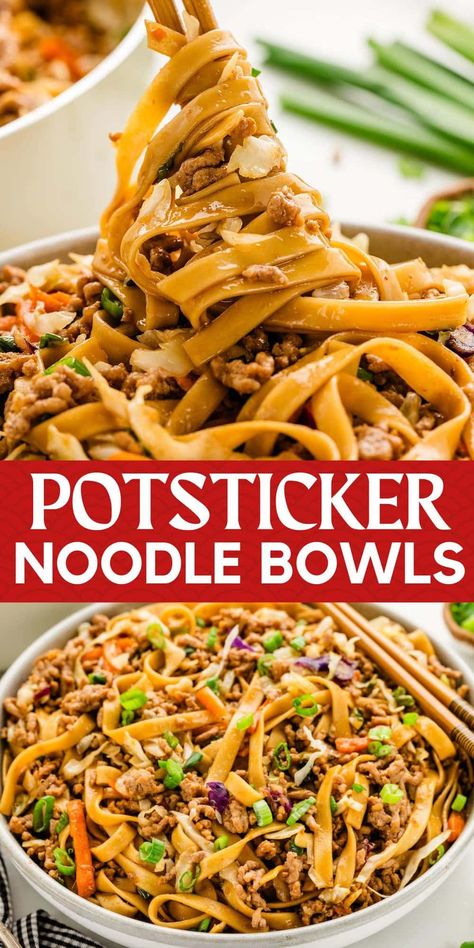 Potsticker Noodle Bowls take the tender noodles, ground pork, veggies, and savory sauce from a traditional pan-fried Asian appetizer and turn them into a main course meal. Skip the take-out because this easy noodle dish can be made in 10 minutes. Potsticker In A Bowl, Noodle Dishes Recipes Dinners, Good Supper Recipes, Easy Monday Dinner Ideas, Potsticker Noodle Bowl 12 Tomatoes, Healthy Easy Meals For Dinner, Egg Roll Noodle Bowl, Dinners With Spaghetti Noodles, Asian Dinner Recipes For Family