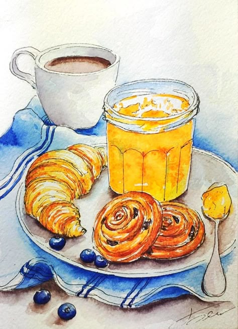 Food Canvas Art, Drawings Of Food Sketches, Food Drawing Watercolor, Watercolor Food Paintings, Food Painting Watercolor, Food Sketch Illustration, Painting Of Food, Watercolor Art Food, Food Watercolor Painting