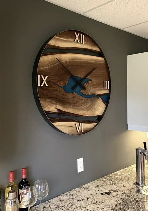 Modern Wall Clock Design, Wall Clock Design Ideas, Wall Clock Decor Living Room, Resin Wood Table, Epoxy Inlay, Wood Clock Design, Live Edge Black Walnut, Wooden Clocks, Living Room Clocks