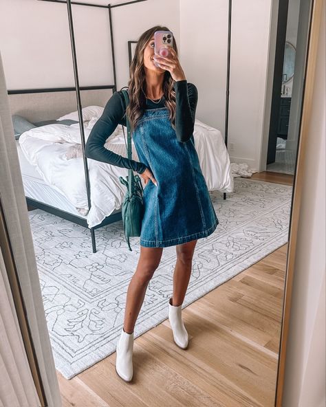 Jean Dress Outfit Fall, Jean Dress Outfit, Madewell Denim Dress, Dress Outfit Fall, Jeans Dress Outfit, White Leather Booties, Ribbed Tee, Jean Dress, Madewell Denim