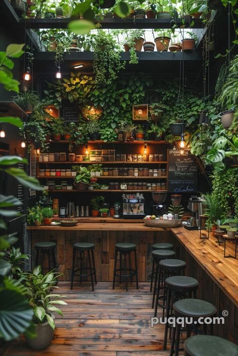 forest-kitchen-66 Coffee Shop Nature Design, Forest Cafe Design, Forest Green Coffee Shop, Green Cafe Aesthetic, Vintage Bar Aesthetic, Bar Pergola, Green Coffee Shop, Coffee Shop In The Forest, Apothecary Bar