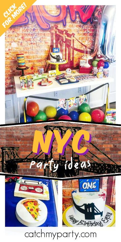 Check out this cool NYC-themed 1st birthday party! The cookies are awesome!  See more party ideas and share yours at CatchMyParty.com #catchmyparty #partyideas #graffiti #1stbirthdayparty #nyc Brooklyn Theme Party, Nyc Themed Party Food, Nyc Theme Birthday Party, Night In Nyc Themed Party, A Night In Nyc Theme Party, New York Birthday, Nyc Theme Party, New York Birthday Theme, Birthday Ideas Nyc