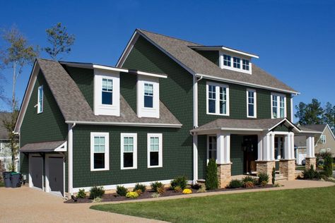 Green House With White Trim, Green House Siding, Dark Green House, Dark Green House Exterior, Green Siding House, House With White Trim, Green Vinyl Siding, Green House Color, Vinyl Siding House