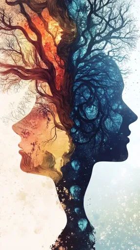 ↑↑↑ Larger size on website 🔸 The image depicts a stylized human silhouette formed by two intertwined trees, one with warm, orange Two Trees Intertwined, Intertwined Trees, Visual Metaphor, Orange Tones, Pale Colors, Blue Hues, Human Silhouette, Art Images, Trees