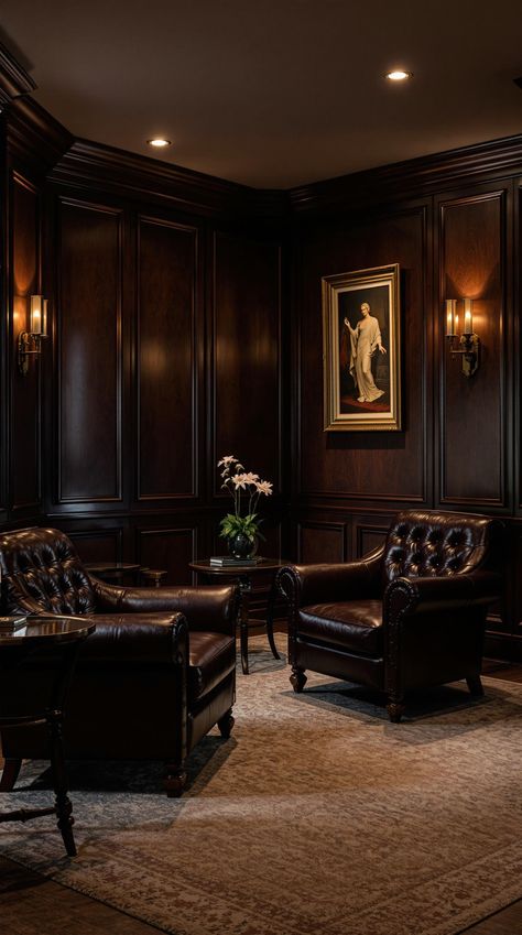 Dark Maximalism Moody Hotel Lobby, Dark Brown Walls Living Room, Dark Paneled Walls, Dark Academia House Interior, Dark Moody Interior, Dark Wood Paneling, Brown Interior Design, Dark Maximalism, Dark Maximalist