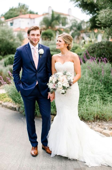 A beautiful destination wedding for Danielle and Bobby. A french blue suit and pink tie with a gorgeous bride by his side! Blue Wedding Tuxedo, French Blue Suit, Tuxedo Ideas, Blue Tuxedo Wedding, Wedding Suits Men Blue, Beach Groom, Suits Ideas, Ojai Wedding, Vintage Groom