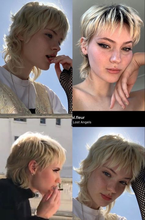 Shaggy Pixie Mullet Blonde, Platinum Mullet Women, Soft Mullet Haircut Short Straight, Short Blonde Alt Hair, Gender Neutral Mullet, Womens Mullet Hairstyles Short, Feminine Mullet Modern Haircuts, Blonde Pixie Mullet, Short Shaggy Blonde Hair