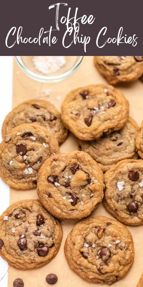 Choc Chip Toffee Cookies, Chocolate Chip Cookies Toffee, Toffe Chocolate Chip Cookie, Chocolate Chip Heath Cookies, Chocolate Chip And Toffee Cookies, Chocolate Chip Toffee Cookies Recipes, Chocolate Heath Cookies, Toffee Cookies Heath, Heath Chocolate Chip Cookies