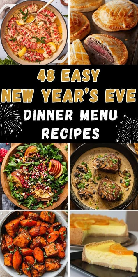 New Year’s Eve Easy Dinner Ideas New Year’s Eve Fancy Dinner, Nye Menu Ideas Dinner Parties, Nye Meal Ideas, New Year Recipes Dinners, New Years Meals Traditional, New Year’s Eve Dinners, Dinner Party Menu Ideas Winter, New Year’s Eve Dinner Party, Christmas Eve Meal Ideas