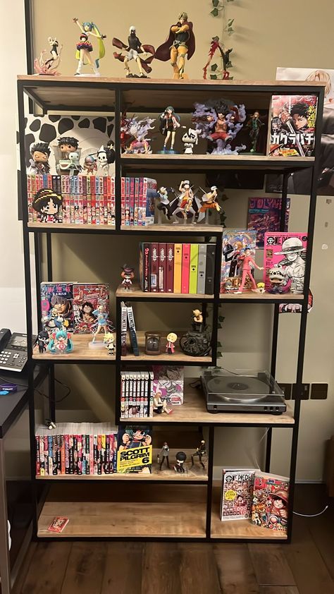 #room #roominspo #mangaroom #anime #manga #onepiece #persona Shelf Setup Ideas, Anime Corner Room, Anime Figures Collection Display Shelf, Manga Collection Display, Anime Themed Room, Shelving Manga, Anime Room Ideas, Collection Display Shelves, Anime Rooms