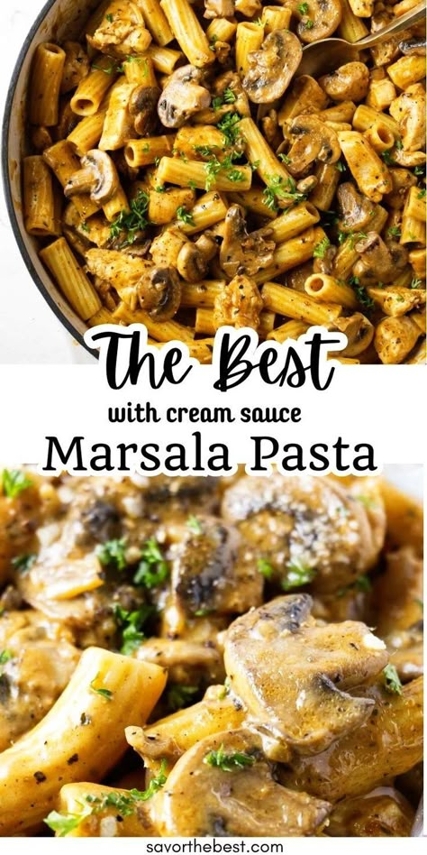 This creamy marsala pasta includes tender chicken and earthy mushrooms bathed in a creamy marsala sauce. This easy creamy marsala pasta recipe brings restaurant-quality flavors to your dinner table. Marsala Chicken Pasta, Creamy Marsala Sauce, Mushroom Marsala Pasta, Mushroom Sauce Pasta, Pasta With Mushroom Sauce, Chicken Marsala Casserole, Chicken Marsala Pasta Recipe, Marsala Cream Sauce, Mushroom Marsala Sauce