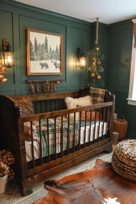 Evergreen Nursery Baby, Neutral Woodsy Nursery, Mini Nursery Ideas, Scotland Themed Nursery, Unique Baby Room Themes, Plaid Nursery Boy, Twin Boy Nursery Ideas, Deer Nursery Ideas Boy, Nursery Ideas Neutral Rustic