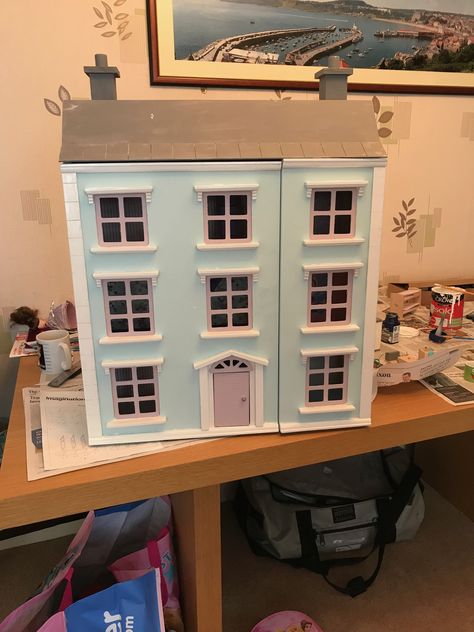 The exterior of our finished dolls house. I did give the roof another coat of paint Dolls House Painting Ideas, Painted Dolls House, Georgian Dolls House Exterior, Dolls House Exterior Ideas, Dolls House Exterior, Outside Paint Colors, Maileg House, Georgian Doors, Outside Paint