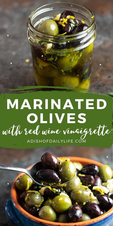 Marinated Olives with red wine vinaigrette...skip the olive bar prices when you can make these quickly and inexpensively at home! Pickled Salads, Holiday Snacks Appetizers, Tapas Ideas, Marsala Mushrooms, Antipasto Recipes, Marinated Cheese, Olive Bar, Simple Appetizer, Red Wine Vinaigrette