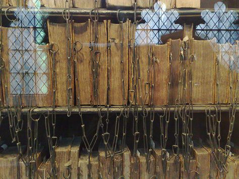 The chained books at the Hereford Cathedral Chained Library is a rare example of the once common practice of keeping valuable medieval books under lock and key. Hereford England, Hereford Cathedral, Grand Library, Medieval Books, Under Lock And Key, Teaching History, The Middle Ages, Hereford, Old Church