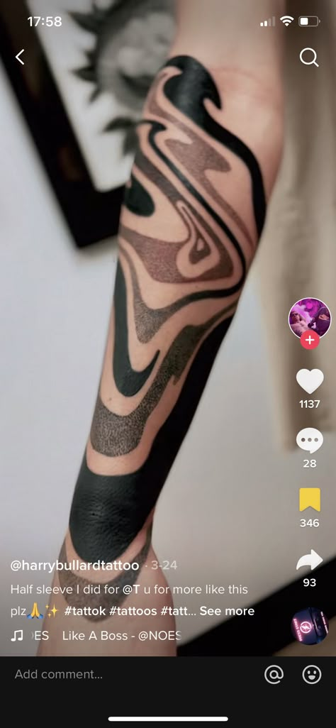 Marble Tattoo Arm, Wavy Arm Band Tattoo, Black Swirl Tattoo, Marbled Tattoo, Fluid Tattoo Design Arm, Wavy Tattoo Design, Abstract Arm Sleeve Tattoo, Partial Blackout Tattoo Sleeve, Swirl Tattoo