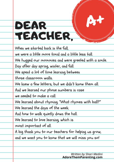 Here is a free printable teacher poem to show your kids' teachers appreciation for all that they do! It makes a perfect end of year teacher gift from kids - especially for preschool and kindergarten teachers. Thank you from us parents and your students! Poem For A Teacher From A Student, Best Letter For Teachers, Teacher's Day Poem In English, Message For Student Teacher, What To Write To A Teacher, Poems For Your Teacher, Letters For Your Teacher, Teacher Message To Students End Of Year, Teacher Appreciation Poems From Student