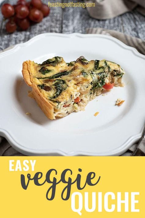 Easy veggie quiche recipe that uses milk instead of cream and loads of veggies to lighten up this breakfast classic while keeping it simple & quick to make. #quiche #easybreakfast via @Feasting Not Fasting Quiche Recipes Veggie, Veggie Quiche Recipes Easy, Veggie Quiche Recipes, Breakfast Quiche Recipes Easy, Dinner List, Breakfast Classic, Vegetarian Party, Healthy Vegetarian Breakfast, Vegetarian Quiche