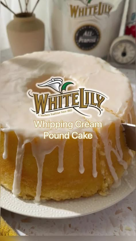 White Lily | This Whipping Cream Pound Cake is going to be a family favorite! Topped with delicious icing, it is the perfect treat to make for a… | Instagram Whipping Cream Pound Cake, Cream Cheese Pound Cake Recipe, Lily Cake, Pound Cake Recipes Easy, Buttermilk Pound Cake, Cream Room, Sour Cream Pound Cake, Cake Recipes Easy Homemade, Cream Cheese Pound Cake