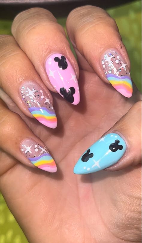 Mickey Ears Nail Art, Disney Pride Nails, Disney Nails Colorful, Disney Cruise Nails Acrylic, Almond Disney Nails, Colorful Disney Nails, Disneyland Nails Acrylics, Disney World Nails Designs, Disney Nail Designs Princesses