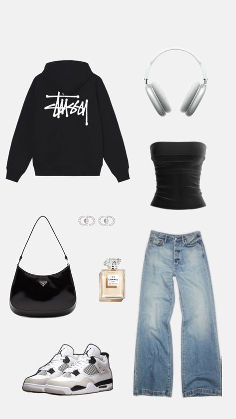 Stüssy hoodie, light blue pants, tube top,streetwear outfit Stüssy Hoodie, Clean Girl Outfit, Outfit Black And White, Tube Top Outfits, Light Blue Pants, Black And White Outfit, Streetwear Girl, Skandinavian Fashion, Casual Preppy Outfits