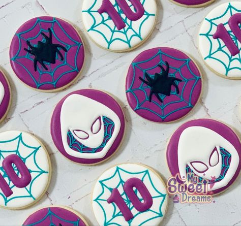 Spider Gwen Party Ideas, Gwen Spiderman Birthday Party, Spidey Ghost Spider Birthday, Gwen Stacy Birthday Party Ideas, Spider Gwen Cupcakes, Gwen Ghost Spider Birthday Party, Spidergwen Cake, Ghost Spider Party Ideas, Ghost Spider Cookies