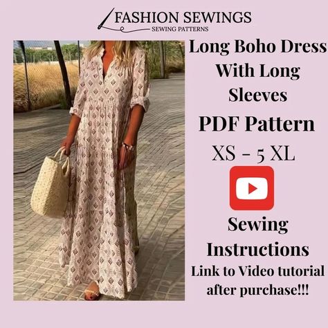 Long Boho Dress Pattern, Woman PDF Sewing Printable Pattern, Size XS-5XXL, Plus Sizes Patterns, Dress With Sleeve Pattern, Sewing Pattern. - Etsy Boho Dress Pattern, Skirts Patterns, Long Boho Dress, Dresses Patterns, Women's Coat Pattern, Long Dress Patterns, Skirt Patterns, Plus Size Patterns, Boho Dresses Long