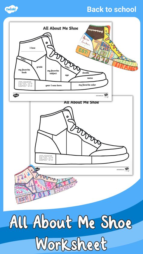 All About Me Shoe Worksheet Year 4 Activities, A Walk In My Shoes Activity, Shoes Template Design, All About Me Upper Elementary, First Day Of Art Activities, Beginning Of The School Year Art Ideas, Stand In My Shoes Activity, Design A Shoe Art Project, Walk A Mile In My Shoes Activity