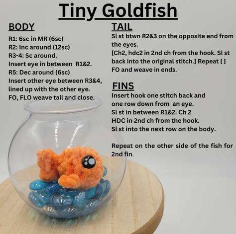 Cute Tiny Crochet Animals, Crochet Fish In A Bowl, Goldfish Crochet Pattern, Tiny Fish Crochet Pattern, Crochet Fish Bowl, Crochet Fish Pattern Free Easy, Goldfish Crochet Pattern Free, Crochet Goldfish Pattern Free, Goldfish Crochet