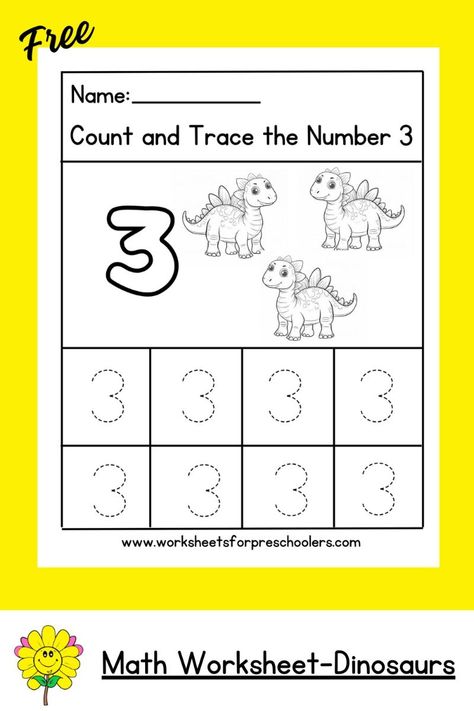 Free Tracing Number 3 Worksheet for Preschoolers 3 Worksheet Preschool, Number 3 Worksheet Preschool, Number 1 Activity, Number 3 Activity, Goldilocks And The Three Dinosaurs, Number 3 Worksheet, Dinosaur Lesson Plan, Apple Math Worksheets, Math Worksheets For Preschool