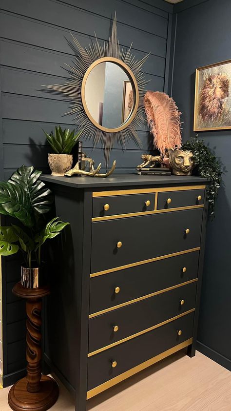 Hemnes Dresser Makeover, Ikea Dresser Hacks, Ikea Hemnes Chest Of Drawers, Mirror And Dresser, Wallpaper Drawers, Drawer Makeover, Hemnes Bed, Dresser Flips, Ikea Dresser Makeover