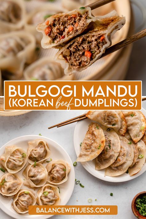 Easy homemade Beef Bulgogi Mandu, or Korean Dumplings, are great as a snack, party appetizer, or side dish. A medley of ground beef and vegetables is seasoned with a sweet and savory bulgogi marinade, then assembled into half moon or rosebud dumplings. Steam or fry them - they're delicious either way! Dairy free. Mandu Recipe, Mandu Korean, Ground Beef And Vegetables, Korean Appetizers, Bulgogi Marinade, Korean Dumplings, Beef Dumplings, Makanan Rendah Kalori, Easy Korean Recipes