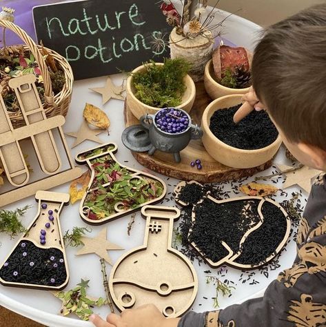 Eyfs Potions, Nature Tuff Tray, Potion Play, Natural Activities, Investigation Area, Forest Play, Library Programming, Tuff Spot, Halloween Potions