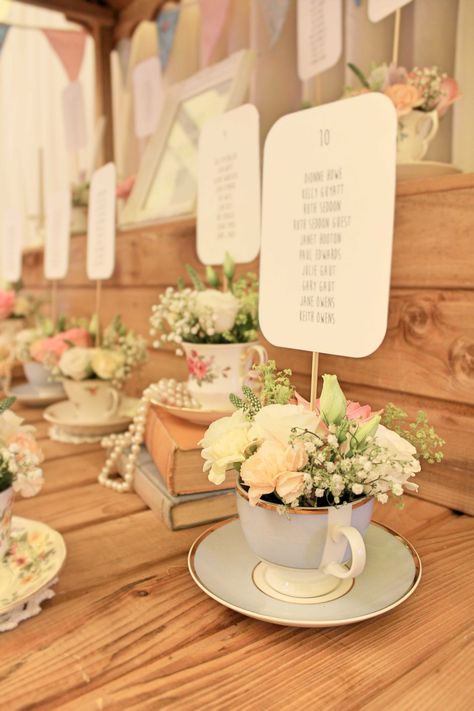 Vintage Tea Cup & Flowers Table Plan Tea Themed Wedding, Tea Theme Wedding, Teacup Decor Ideas, Vintage Tea Party Bridal Shower Ideas Decor Table Settings, Decorating With Tea Cups, Eco Friendly Table Centerpieces, English Tea Wedding Theme, Tea Cup Centerpieces Vintage, Tea Cup Centerpieces Diy