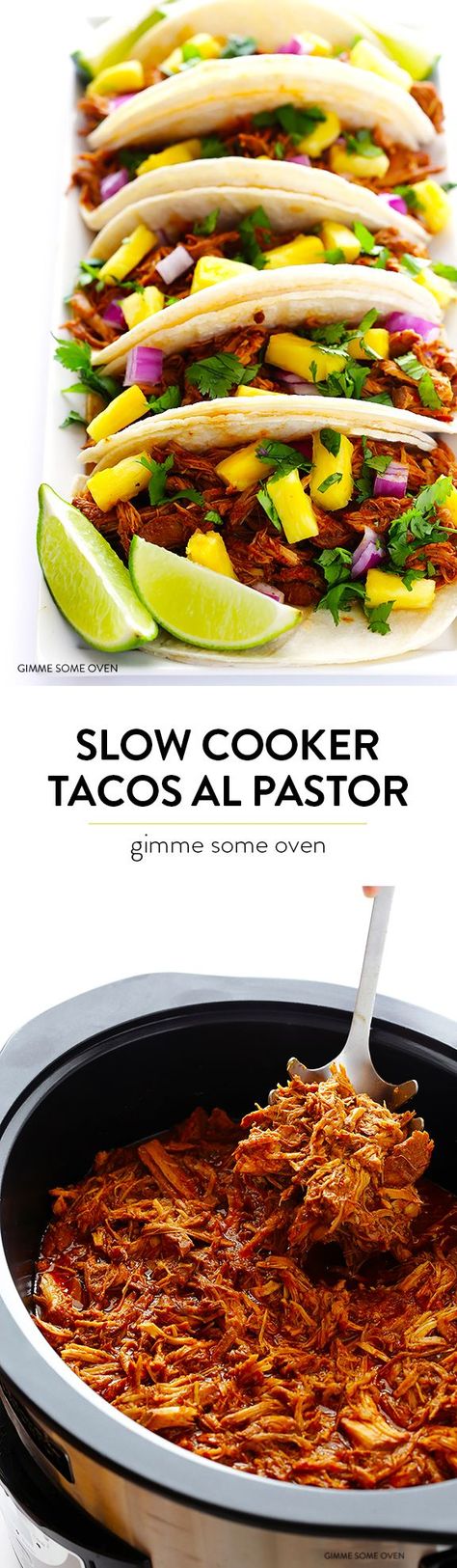 Slow Cooker Tacos Al Pastor -- let your crock pot do all of the work with this traditional pineapple pork tacos recipe!  So delicious and always a crowd favorite! Most Pinned, Tacos Al Pastor, Slow Cooker Tacos, Crock Pot Recipes, Gimme Some Oven, Pork Tacos, Crock Pot Slow Cooker, Crock Pot Cooking, Taco Recipes