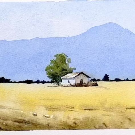 WATERCOLOR DAILY ⭐ online art gallery on Instagram: "Tutorial by @daniwatercolors 👋 More tutorials on @watercolor_daily" Watercolor Farm Landscape, Hill Watercolor, Watercolour Farm Landscape, Peter Sheeler, Watercolor Hills Landscapes, Landscape Tutorial, Bill Vrscak Watercolor Landscape, Watercolor House, Watercolor Art Landscape