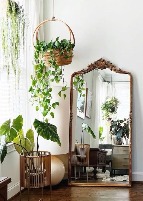 Bedroom Mirror Set Up, Plants Over Mirror, Boho Living Room Mirror, Plants Around Mirror, Above Mirror Decor, Floor Mirror And Plants, Big Mirror With Plants, Boho Dresser With Mirror, Corner Mirror Decor Living Room