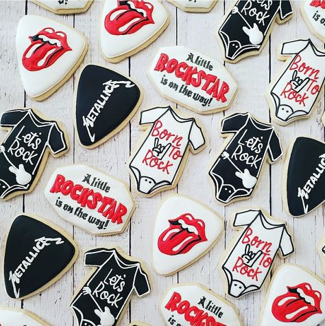 Rock And Roll Sugar Cookies, Rock And Roll Gender Reveal, One Rocks First Birthday Cookies, One Rocks Cookies, Rocker First Birthday, Rock N Roll Cookies, Rock N Roll Gender Reveal, Punk Rock Baby Shower Ideas, Rockstar Baby Shower Ideas