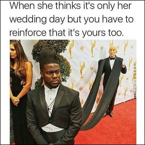 Kevin Hart, being so extra, has an assistant holding his super long coat tails to reinforce that this is his wedding day too. Wedding Day Meme, Wedding Meme, Wedding Humor, The Villain, My Wedding, Super Funny, Public School, Funny Laugh, Best Memes