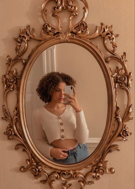 Gold vintage mirror on wall with curly haired girl covering half of face for a selfie Mirror Selfie Half Face, Vintage Mirror Selfie, Half Table, Face Mirror, Mirror Photography, Self Photography, Mirror Selfie Poses, Modern Fairytale, Mirror Pic