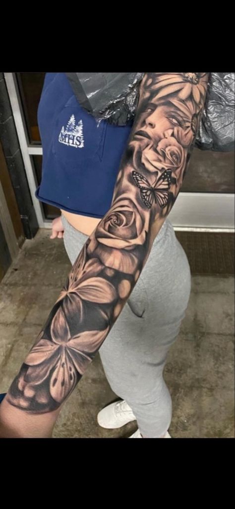 Women Tattoos Full Sleeve, Shaded Flower Sleeve Tattoo, Shaded Floral Sleeve Tattoo, Tattoo Ideas Female Full Arm, Full Arm Sleeve Tattoos For Women Roses, Tattoo Ideas Female Sleeve Shading, Dark Arm Sleeve Tattoos For Women, Half Sleeve For Women Lower Arm, Filled In Sleeve Tattoo