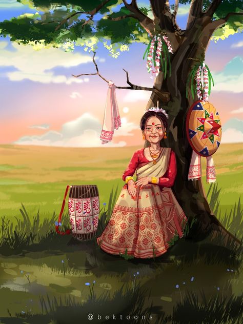 A girl wearing traditional attire of assam (mogar makhal ) and sit around nature . Assames girl . North East India . Assam Bihu Drawing, Assam Culture Art, Assam Culture, Assamese Bihu, Bihu Festival, Assamese Culture, Bengali Aesthetic, Art Competition Ideas, Cartoons Dp