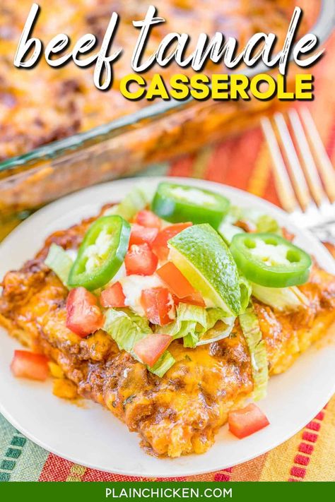 Beef Tamale Casserole - sweet cornbread crust topped with seasoned beef, enchilada sauce and cheese. A real crowd pleaser! Everyone always cleans their plate!! Jiffy Mix, creamed corn, eggs, milk, cheese, ground beef, taco seasoning, salsa, and enchilada sauce. Such an easy Mexican casserole recipe!! Beef Tamale Casserole, Beef Enchilada Sauce, Cornbread Crust, Tamale Casserole, Beef Tamales, Easy Mexican Casserole, Jiffy Mix, Beef Enchilada, Mexican Casserole Recipe